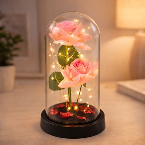 Wieczne Róże w Kopule z Oświetleniem LED i Płatkami Róż Różowe 21x11cm