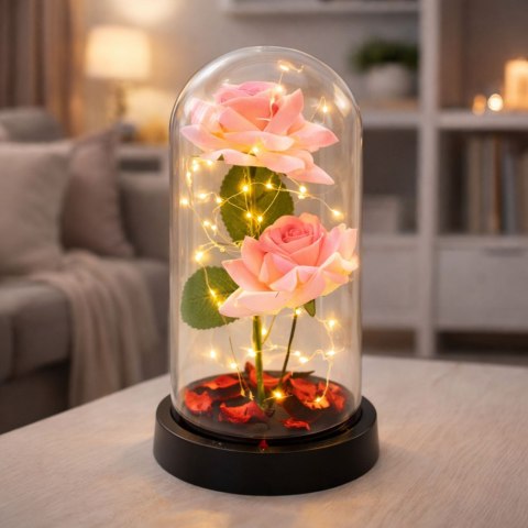 Wieczne Róże w Kopule z Oświetleniem LED i Płatkami Róż Różowe 21x11cm