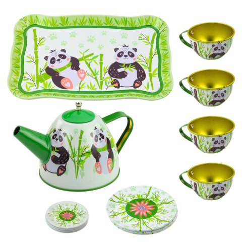 Zestaw Do Herbaty Metalowy Dzbanek Filiżanka Talerzyki Panda Zielony 14el