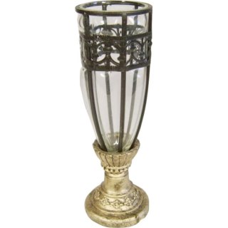 Wazon szklany z czarną metaloplastyką na złotej podstawie 28x8 cm
