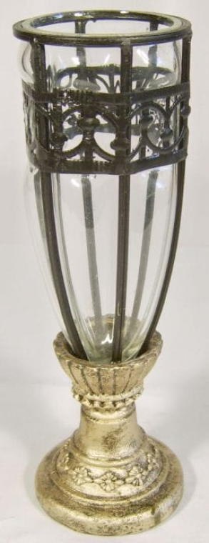 Wazon szklany z czarną metaloplastyką na złotej podstawie 28x8 cm