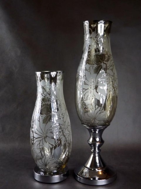 Elegancki Wazon Szklany z Chromem i Kwiatowym Dekorem 15x38 cm - Niższy z Kolekcji