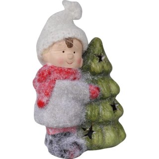 Ceramiczna Figurka Świecącej Choinki z Uśmiechniętym Chłopcem na Baterie, 13,5 cm, Kolor Różowy