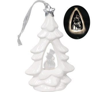 Choinka ceramiczna z podświetlanym bałwankiem LED, biała, 15 cm.