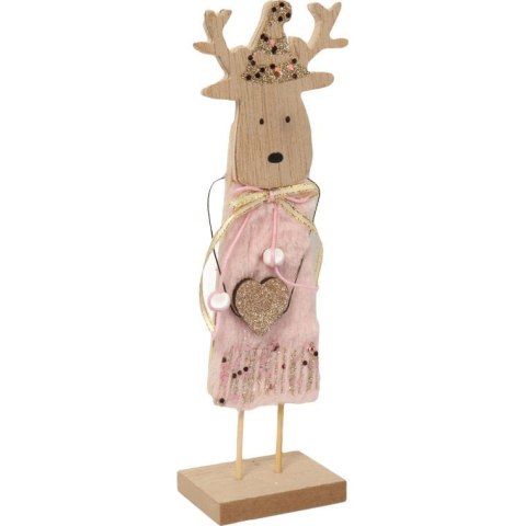 Figurka-Renifer z Drewna z Różowym Futerkiem, Brokatem i Cekinami 22x6x4,5 cm