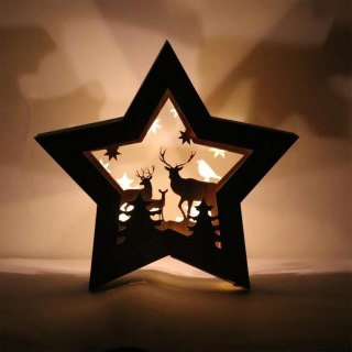 DEKORACJA ŚWIETLNA 10 LED DREWNIANA GWIAZDA Z RENIFERAMI 24 CM
