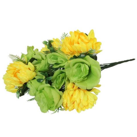 Bukiet sztucznych kwiatów mix róży i chryzantemy w kolorze żółto zielonym 50 cm