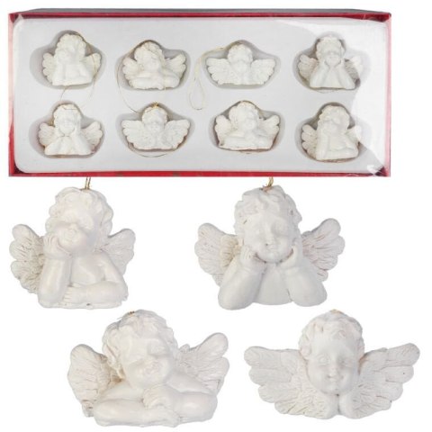 Zawieszki na choinkę Białe Aniołki - 8 sztuk, Polirezyna, 3.5x5 cm, Przeznaczone do Dekoracji Świątecznej