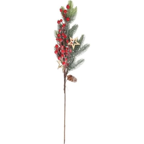 GAŁĄZKA ŚWIERKOWA z JARZĘBINĄ I GWIAZDKAMI OŚNIEŻONA 64 CM czerwona