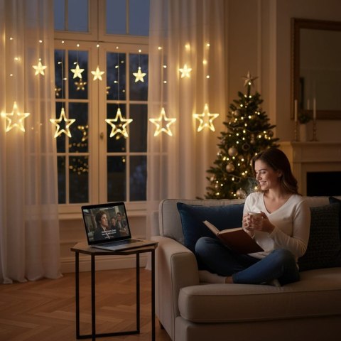 KURTYNA ŚWIETLNA GWIAZDKI OZDOBY ŚWIĄTECZNE LAMPKI 120 LED CIEPŁY BIAŁY