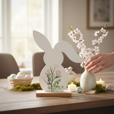 ZAJĄCZEK ZAJĄC DREWNIANY KRÓLIK WIELKANOCNY z dekoracją 19 CM