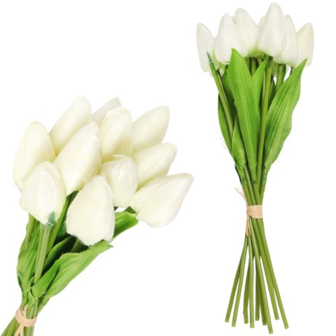 Bukiet 12 TULIPANÓW W PĘCZKU Z RAFIĄ 32 cm biały