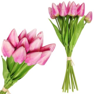 Bukiet 12 TULIPANÓW W PĘCZKU Z RAFIĄ 32 cm różowe