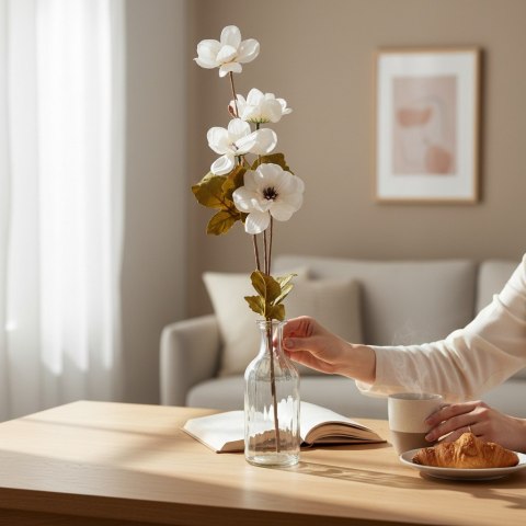 GAŁĄZKA 4 JESIENNYCH KWIATÓW do wazonu białe ANEMONY 90 cm