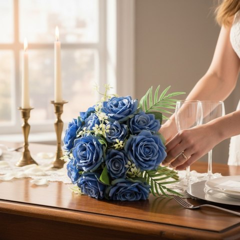 ELEGANCKI BUKIET 10 RÓŻ DO WAZONU 30 CM NIEBIESKI