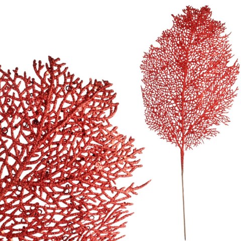 GAŁĄZKA OZDOBNA AŻUROWY, BROKATOWY LIŚĆ 78 CM kolor czerwony